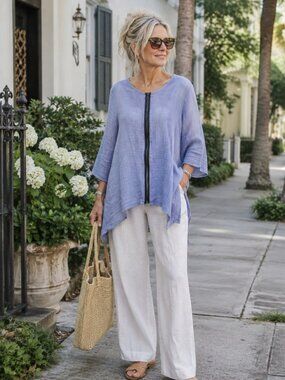 Comfy usa blue cotton zipper lagenlook asymmetrical tunic